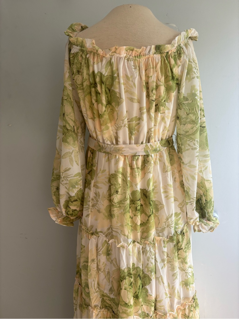 Flying Tomato Off-Shoulder Floral Maxi Dress in Green and Cream NWOT